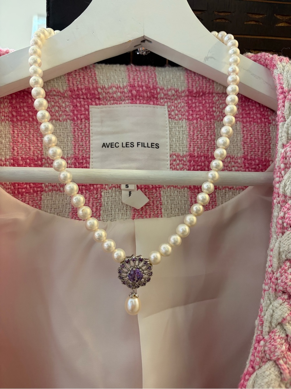 Cultured Pearl Necklace & Bracelet Set with Lavender Crystal Pendant
